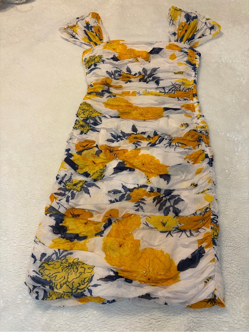Louis Féraud Ruched Floral Cotton Dress - White, Yellow & Navy - Size 2